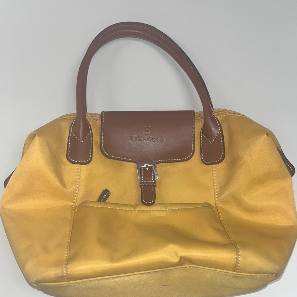 Hexagona Yellow nylon Satchel with brown Leather Trim preowned